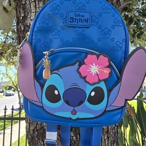 Disney Blue Stitch Backpack with Pink Flower Accent